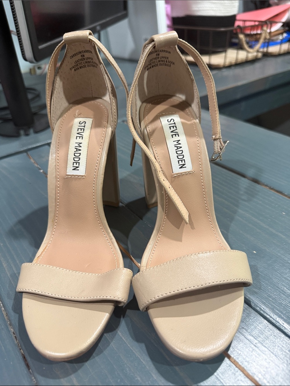 Steve Madden Beige Ankle-Strap Block Heel Sandals